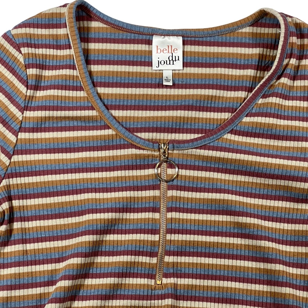Belle du Jour Striped‎ Zip Front Top Womens L Blue Brown Ribbed Y2K Retro Boho